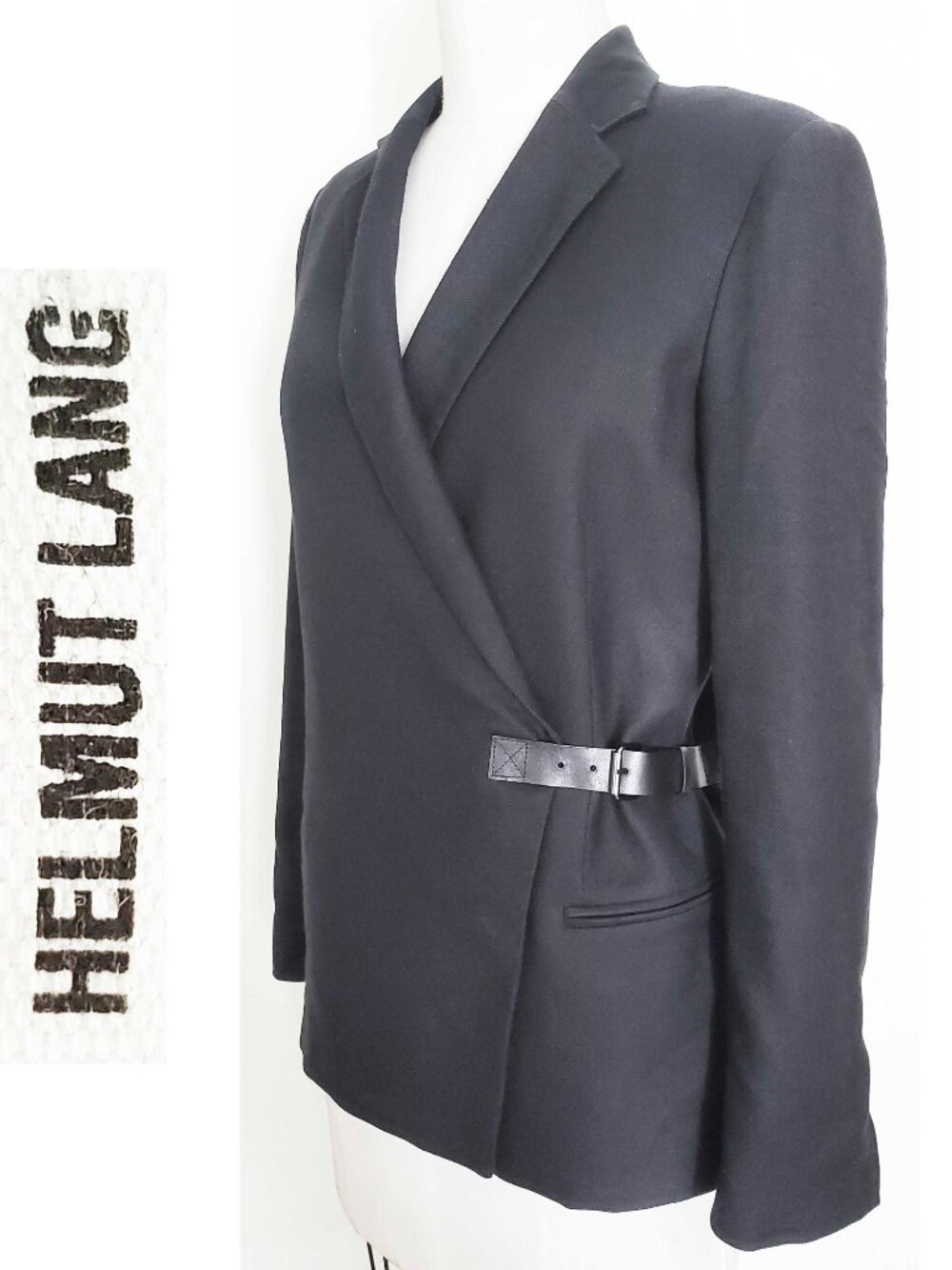 Vintage Helmut Lang Women's Black Blazer Jacket Side Belt  Leather Collar 6 USA